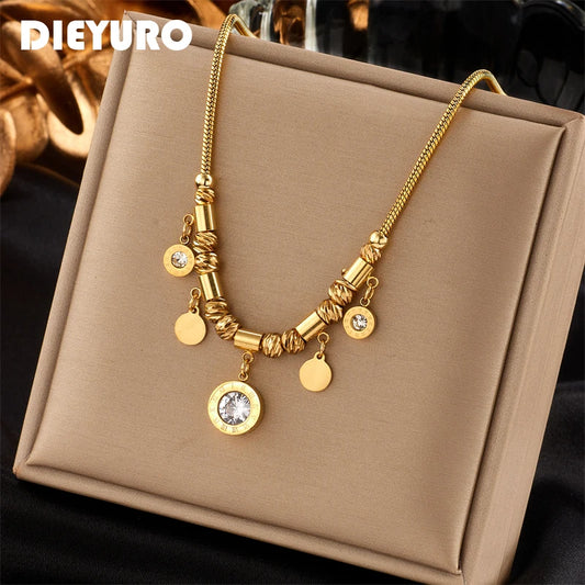 DIEYURO 316L Stainless Steel Round Roman Numeral Zircon Pendant Necklace For Women Vintage Ethnic Ladies Chain Jewelry Gifts