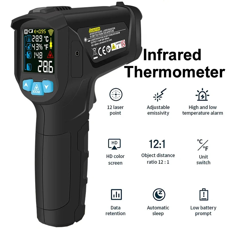 Digital Infrared Thermometer Non-contact Laser Temperature Meter Pyrometer Imager Hygrometer IR Termometro LCD Light Alarm