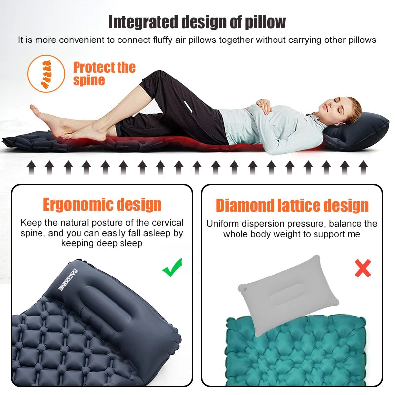 PACOONE Outdoor Camping Sleeping Pad | Folding Inflatable Mattress with Integrated Pillow