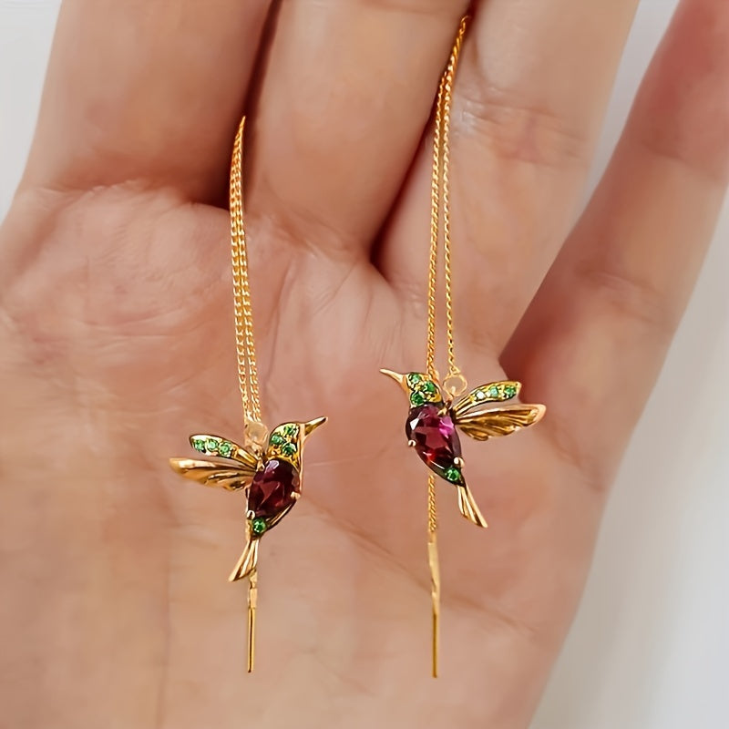 Elegant Hummingbird Tassel Drop Earrings with Synthetic Emerald