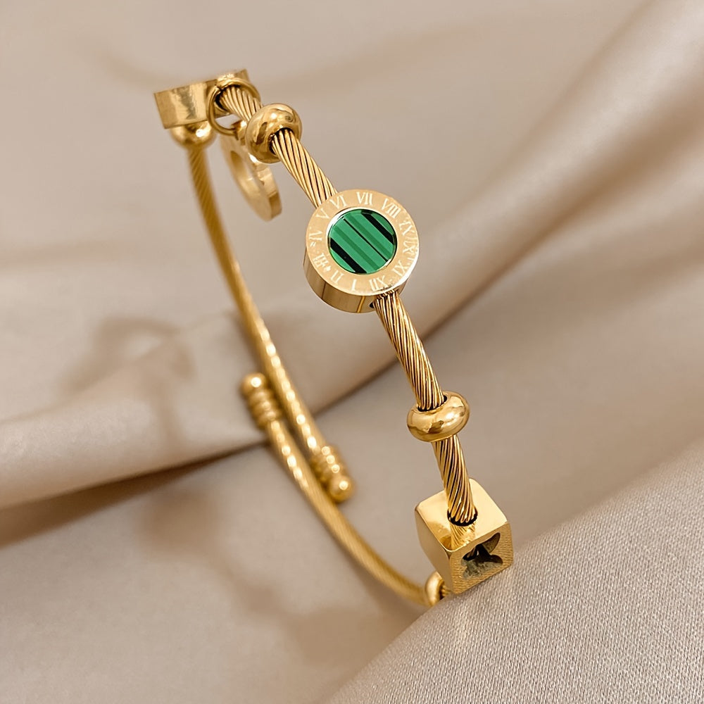 Elegant Golden-Tone Adjustable Cuff Bracelet with Green & Black Stone Beads