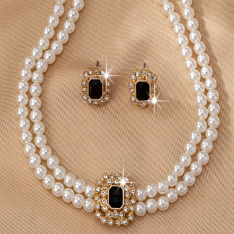 Luxury Elegant Double Row Faux Pearl Square Necklace Set