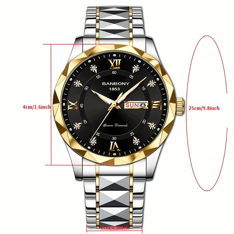 Men's Roman Numerals Dial Rhinestones Multifunctional Watch