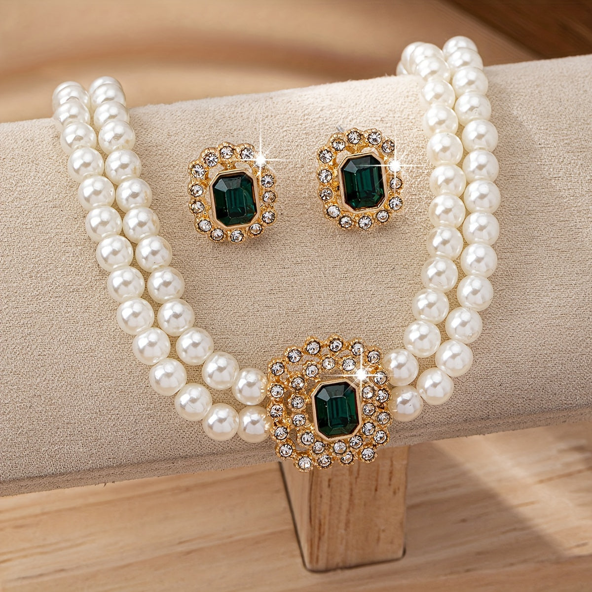 Luxury Elegant Double Row Faux Pearl Necklace Set