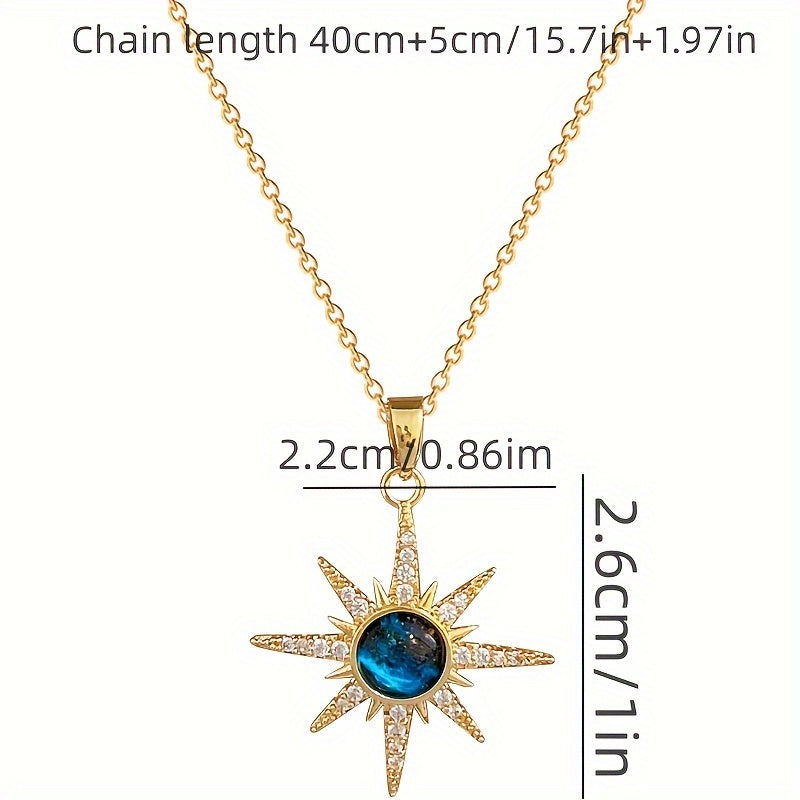 Avant-Garde Starburst Pendant Necklace – Blue Faux Zirconia, Stainless Steel Chain & Copper Pendant, Unisex Jewelry Gift for Teens & Adults, All-Occasion Accessory