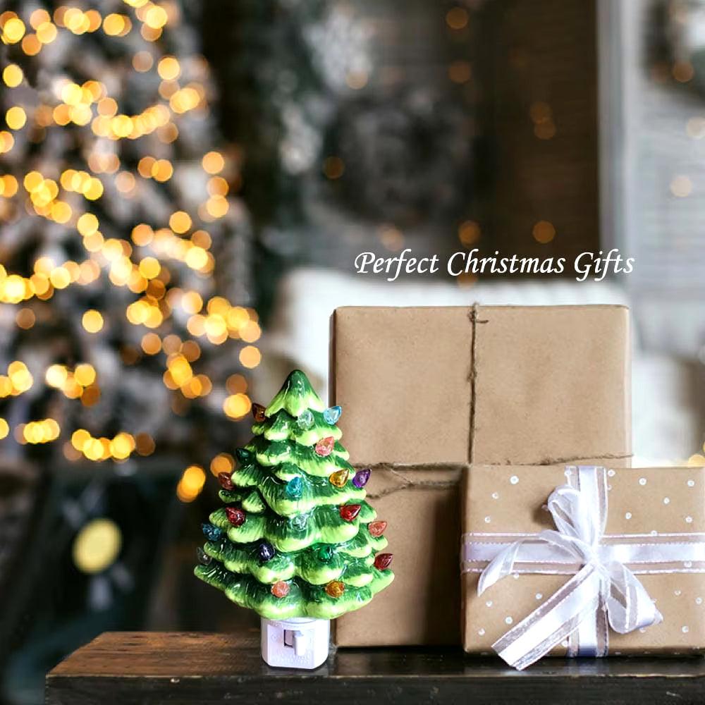 Hand‑Painted Ceramic Christmas Tree Night Light – Vintage Green Accent