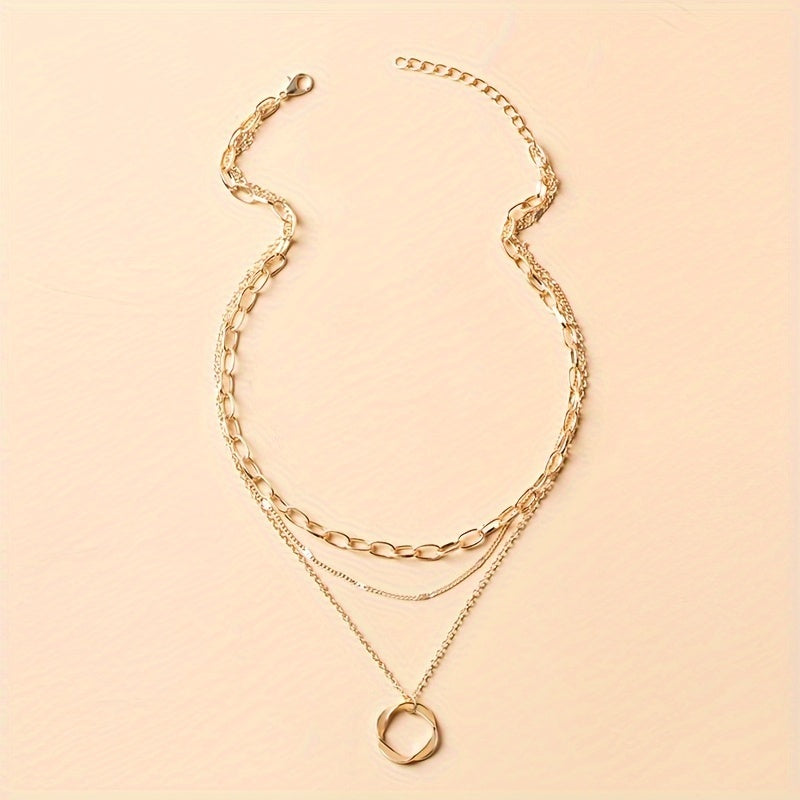 Golden Circle Pendant Layered Necklace