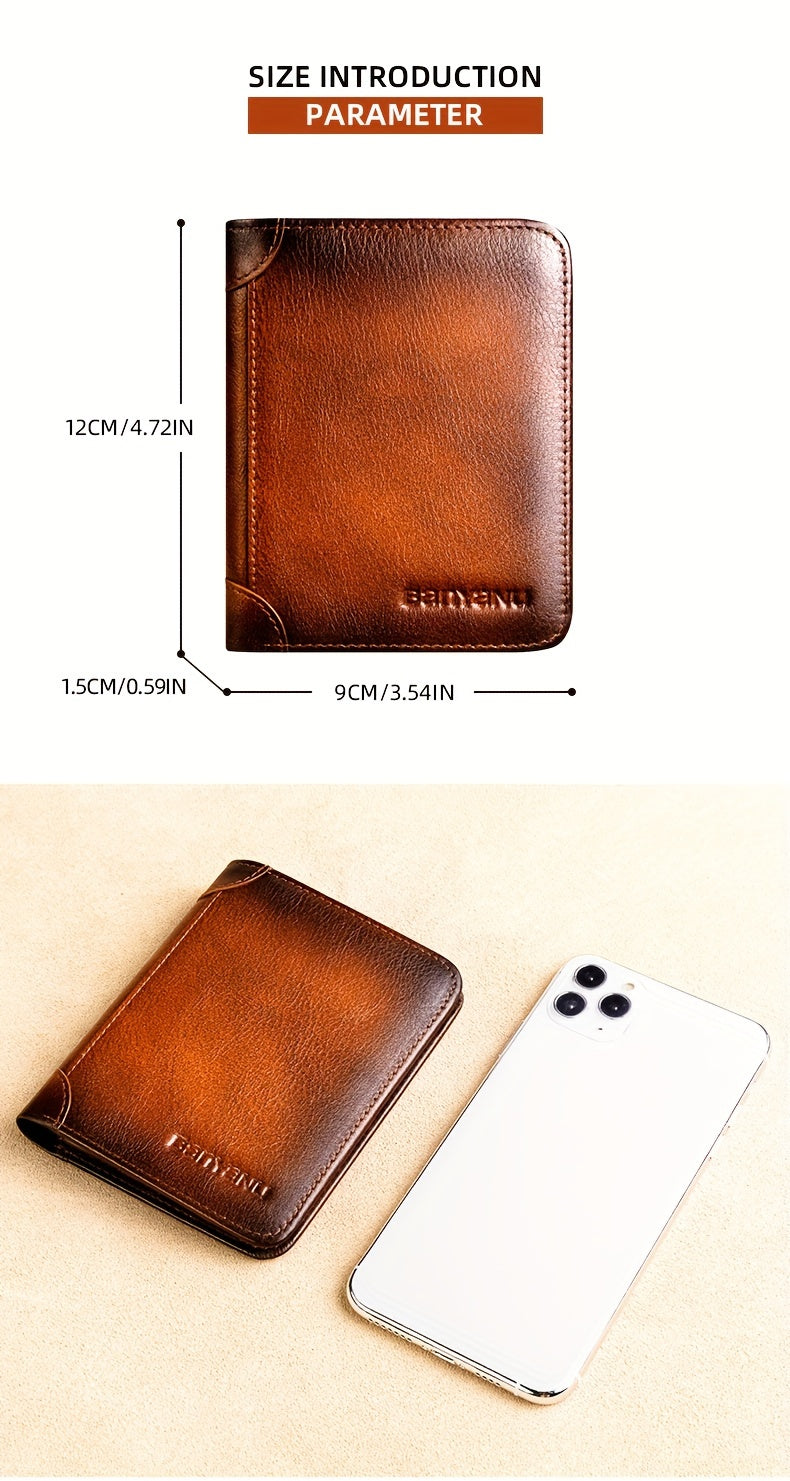 Men's Top Layer Cowhide Short Trifold Wallet