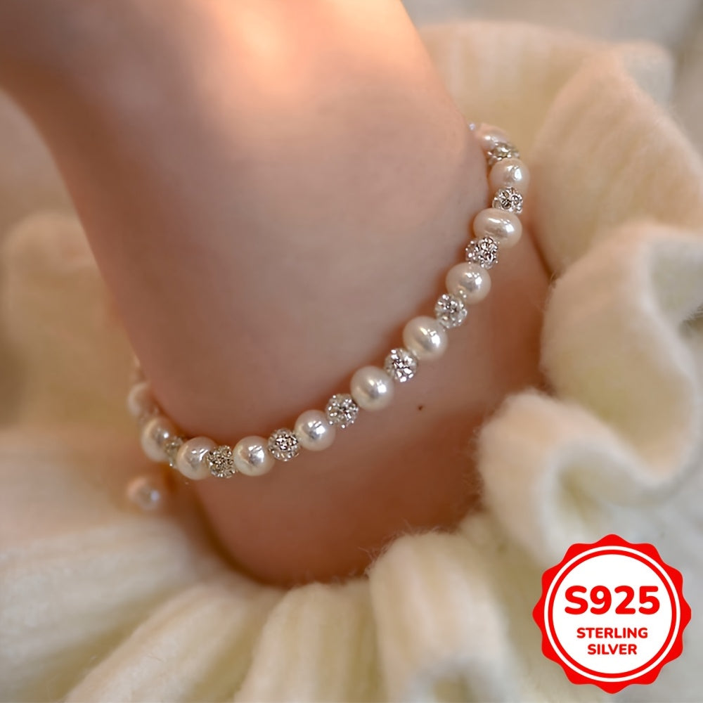 Elegant 6.69g 925 Sterling Silver Pearl & Zirconia Bracelet – Perfect Mother’s Day Gift for Mom, Fine Jewelry Accessory