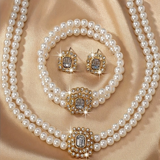 Vintage Luxury French-Inspired Double-Row Faux Pearl Jewelry Set