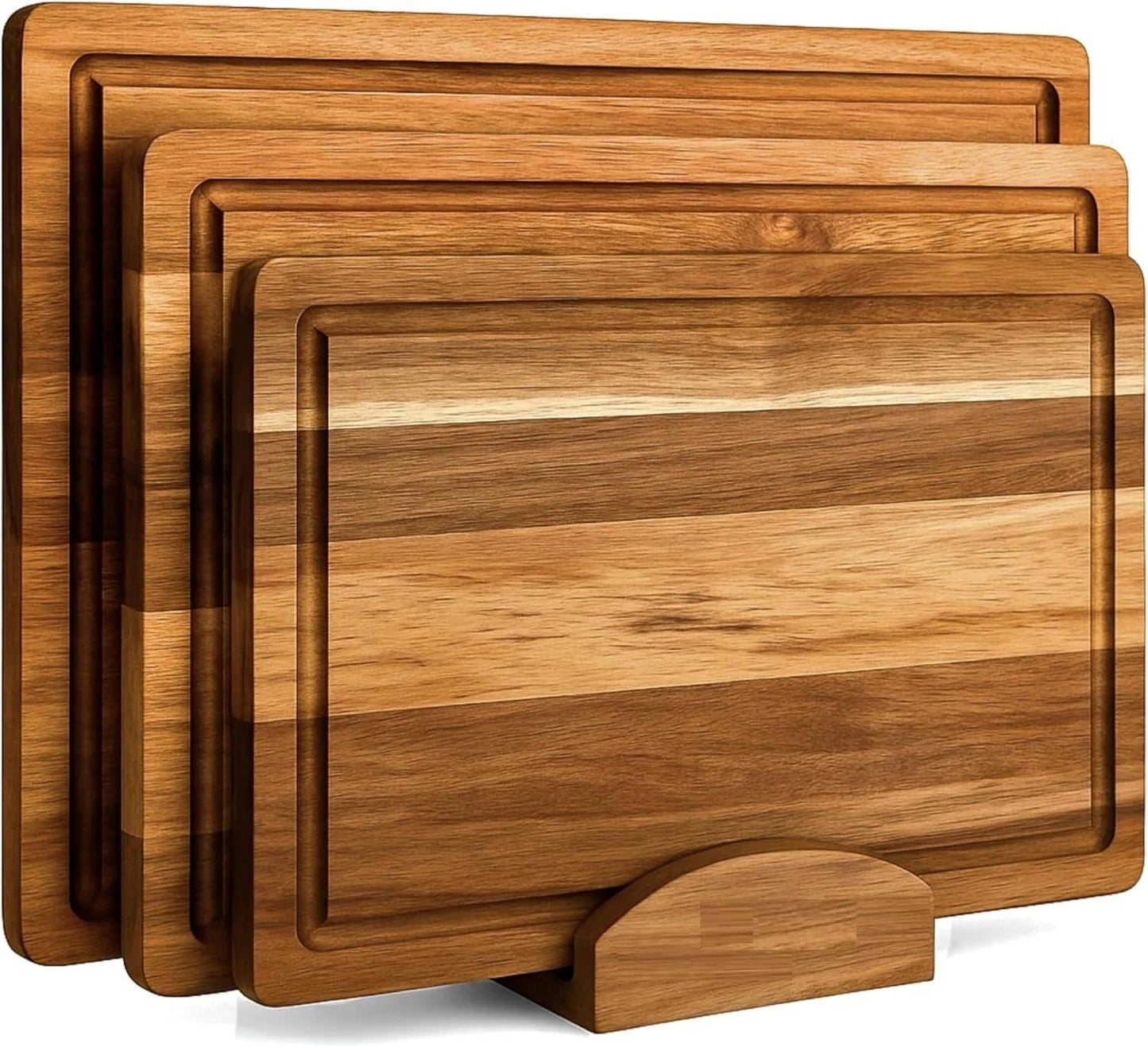 Acacia Wood Cutting Board Set – 3-Piece with Holder, Non-Slip Pads & Juice Grooves