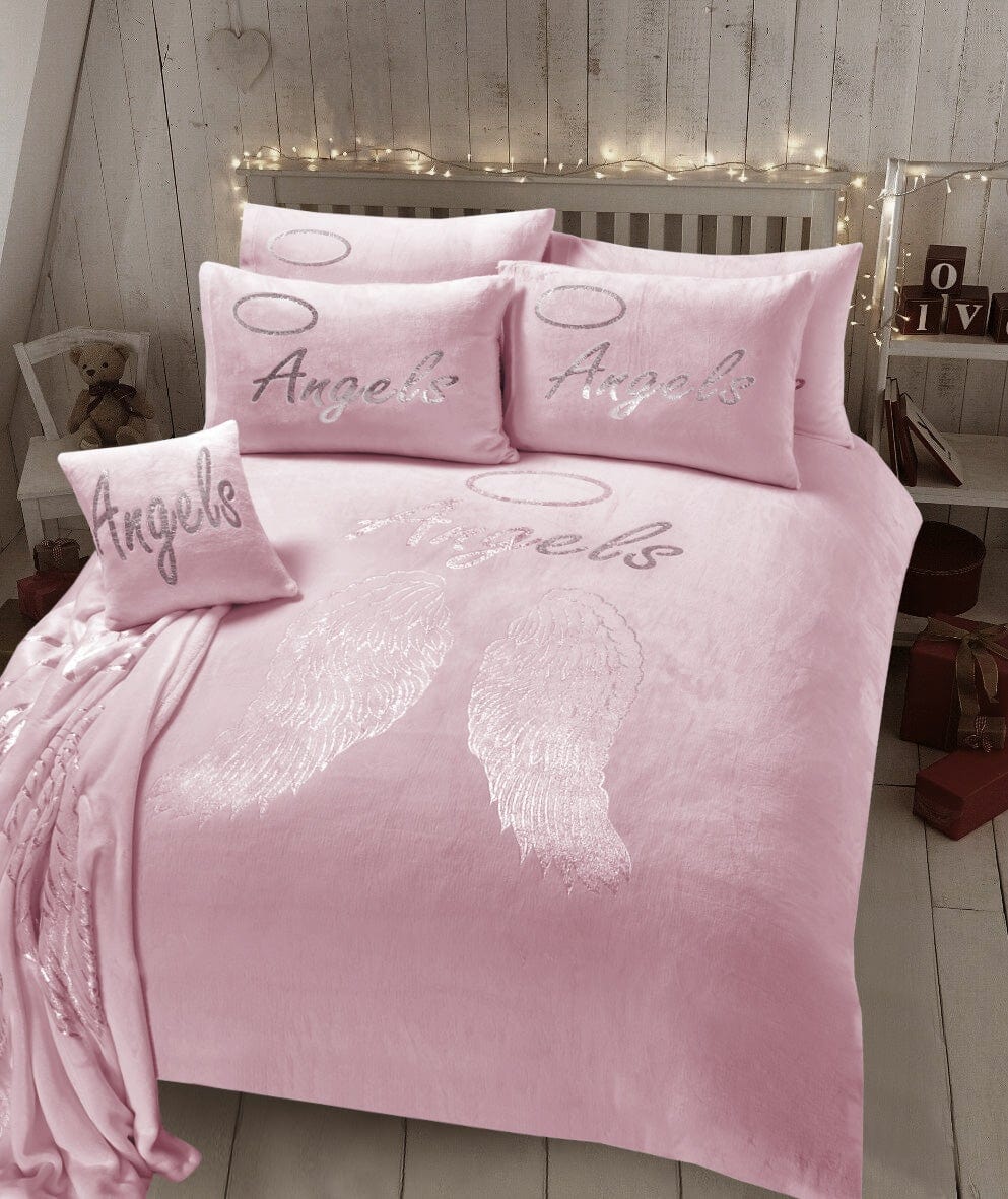 Angel Wings Luxurious Teddy Fleece Duvet Set Super Soft Faux Fur Bedding Pillow Cases Bed Throw Cushion in Pink White Grey by OLIVIA ROCCO