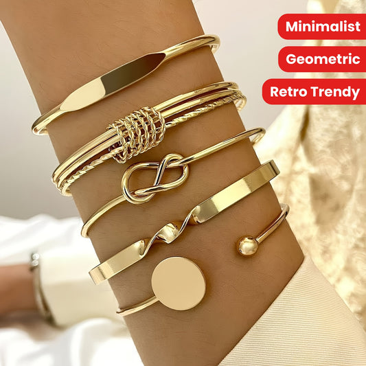 5-Piece Minimalist Bangle Bracelet Set – Geometric Round Glossy Alloy Bangles & Retro Knotted Open Cuff for Women, Trendy Jewelry