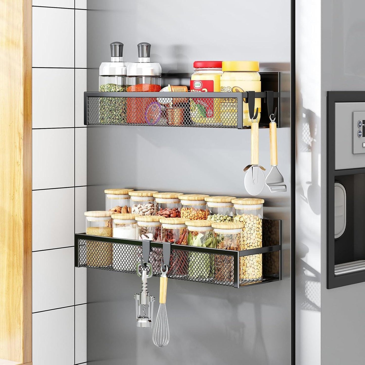 Magnetic Spice Rack for Refrigerator – 2‑Pack Heavy‑Duty Organizer with Removable Hooks
