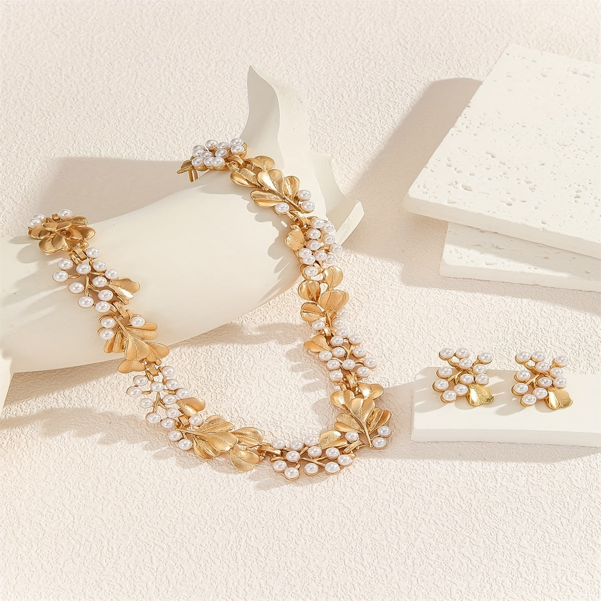 Elegant Boho-Chic Faux Pearl & Golden Leaf Jewelry Set