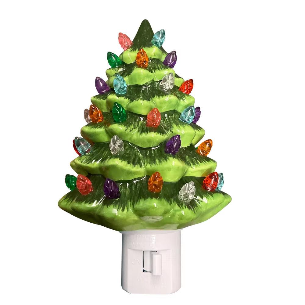 Hand‑Painted Ceramic Christmas Tree Night Light – Vintage Green Accent