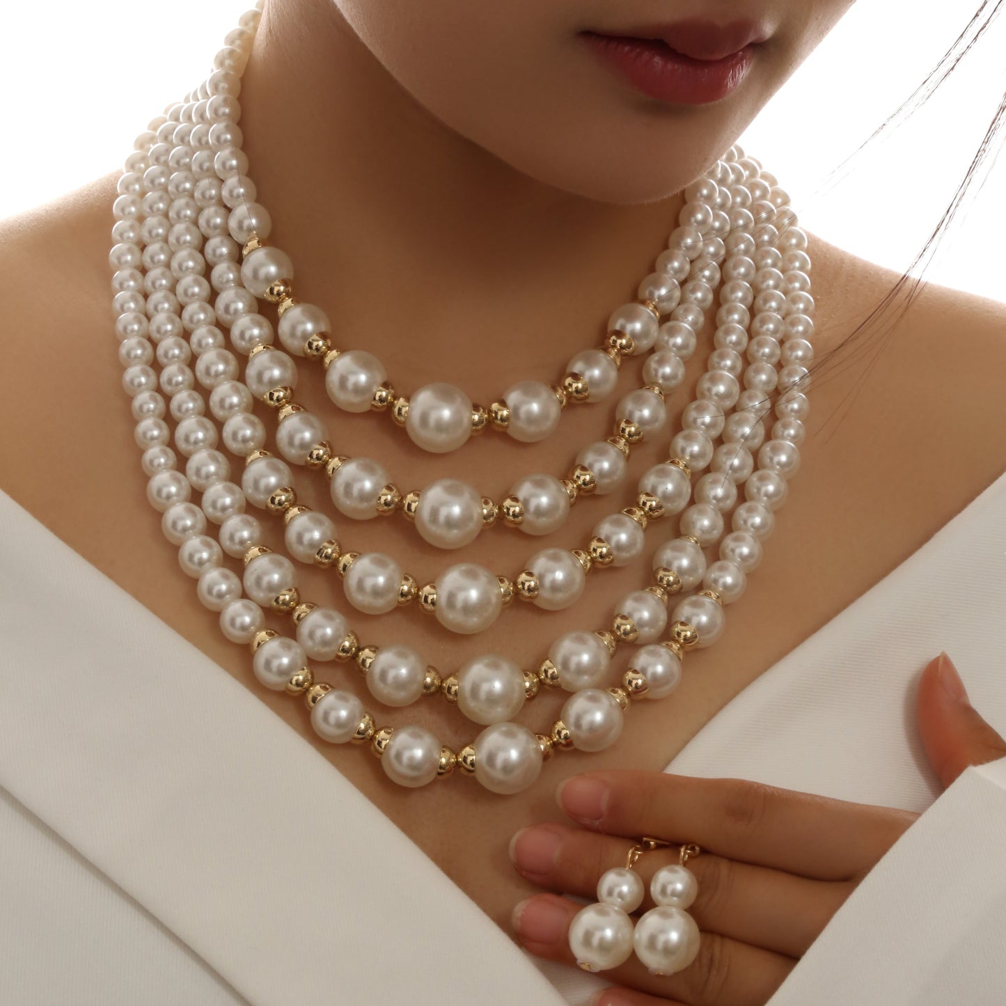 Elegant Multi-Layered Faux Pearl Beaded Necklace and Earrings