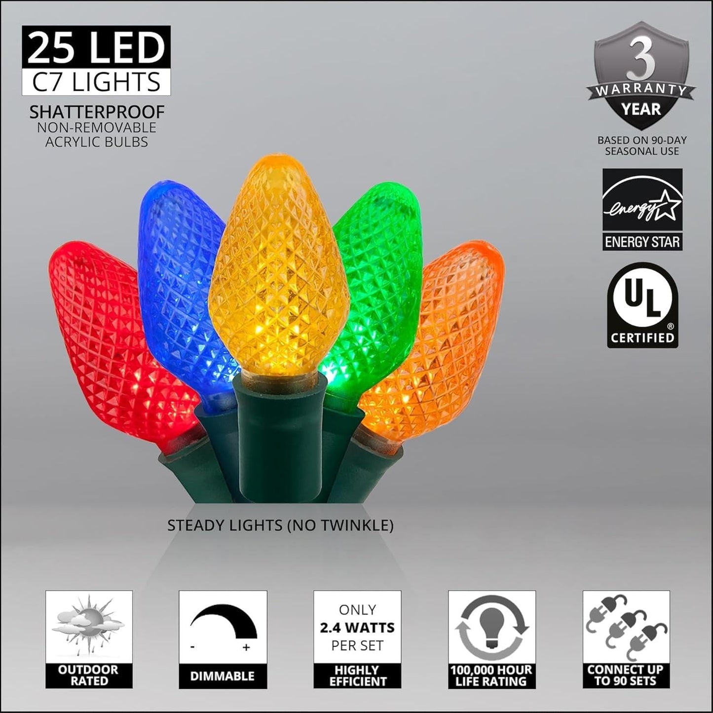 Multicolor LED Christmas Lights – 25 Faceted Bulbs, Green Wire