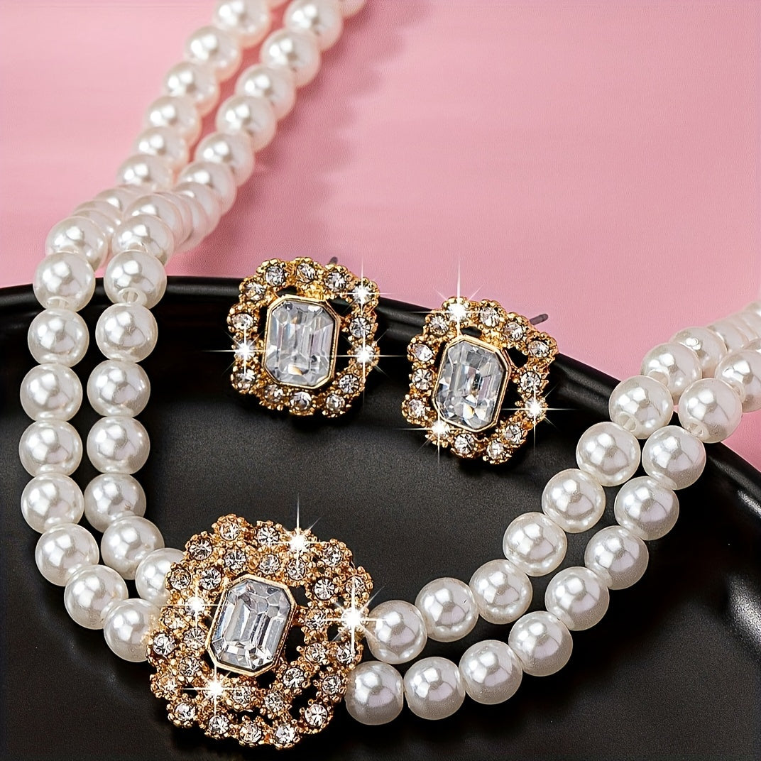 Luxury Elegant Double Row Faux Pearl Necklace Set