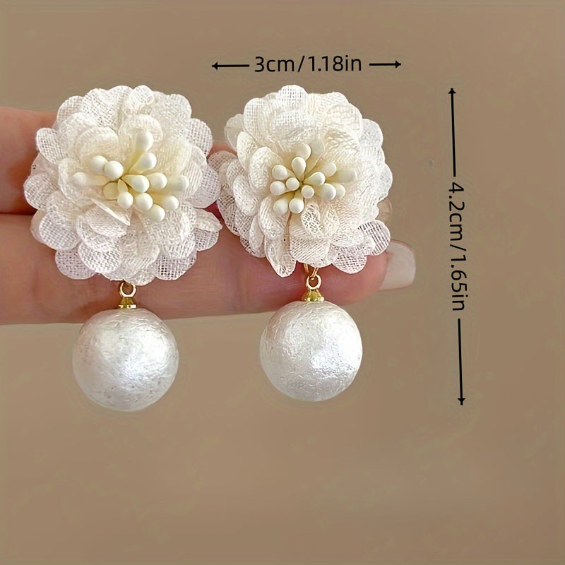 Elegant French Fabric Flower Drop Earrings