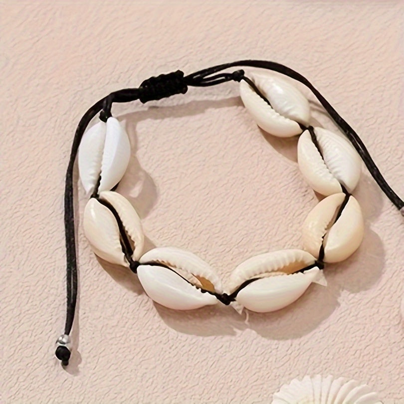 2pcs Bohemian Style Stretchable Natural Cowrie Shell Necklace and Bracelet Set, Adjustable Polyester Rope, Beach Vacation Jewelry Accessory