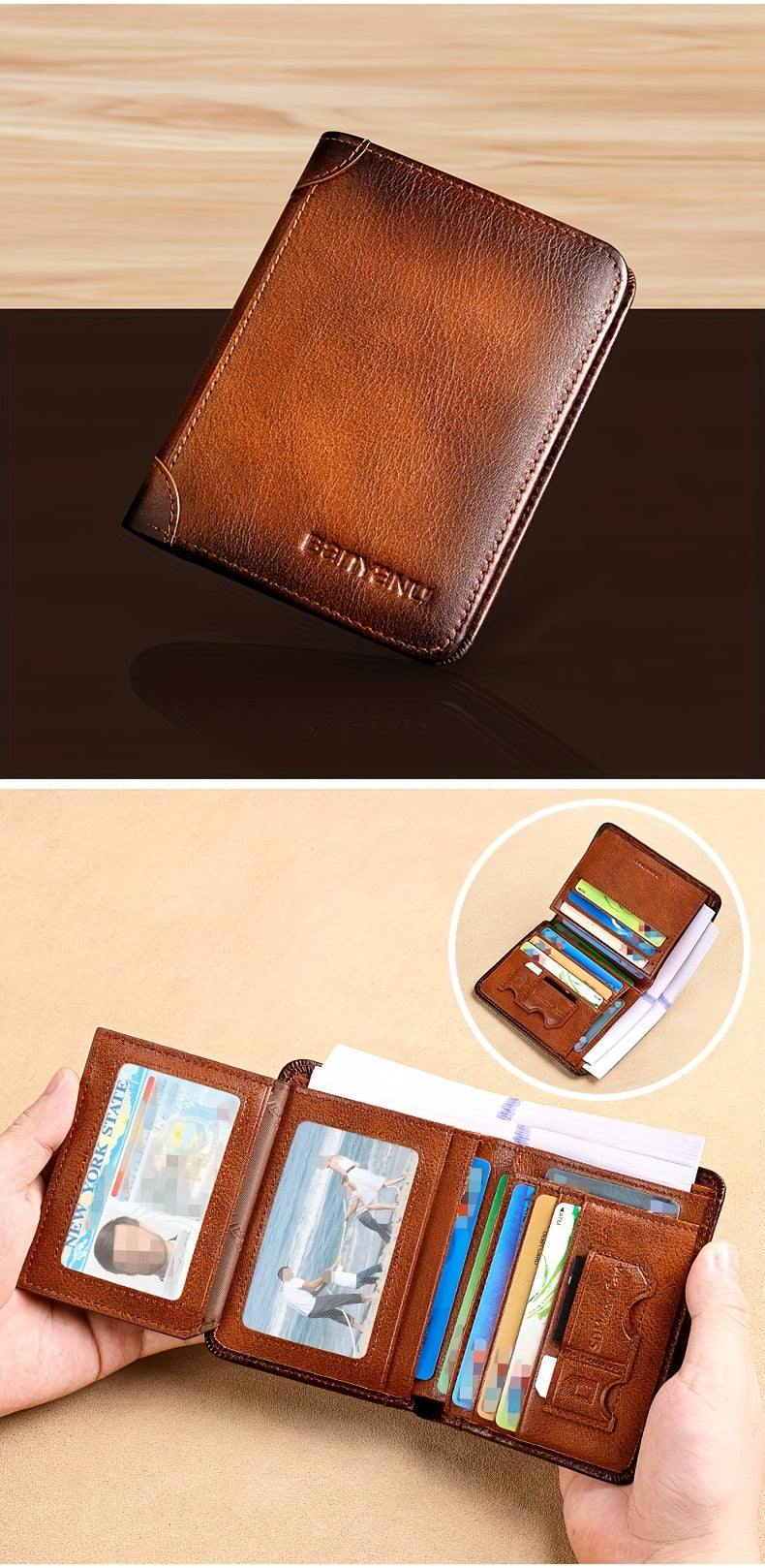 Men's Top Layer Cowhide Short Trifold Wallet