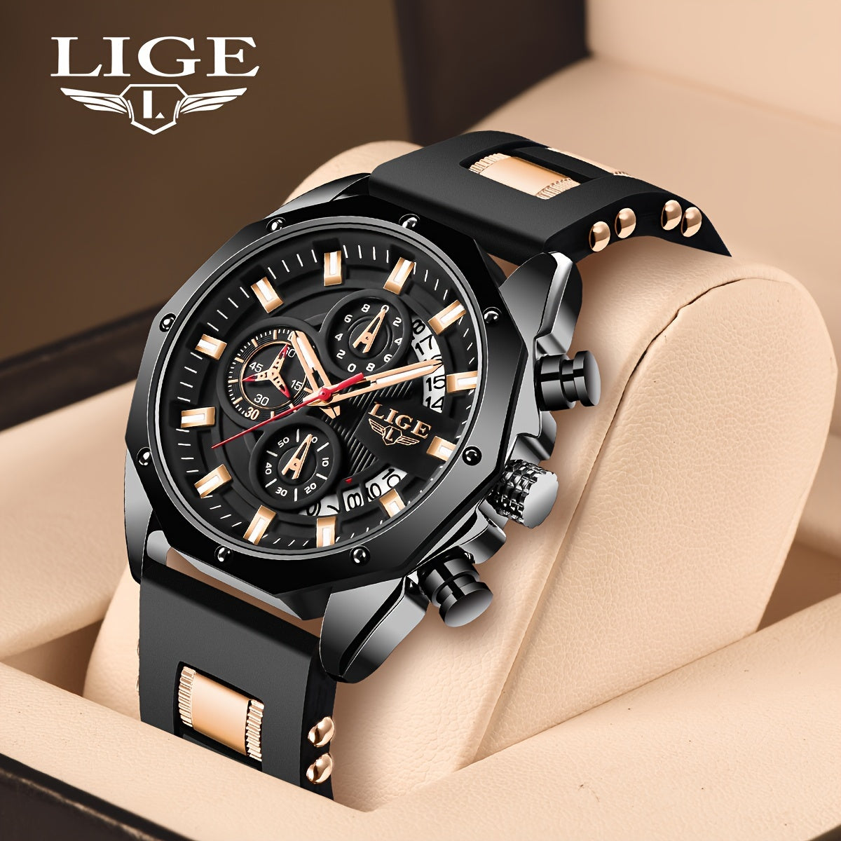 LIGE Men's Chronograph Calendar Wristwatch