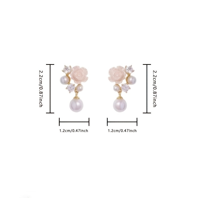 Elegant French-Inspired Camellia Flower Dangle Earrings with Sparkling Rhinestones