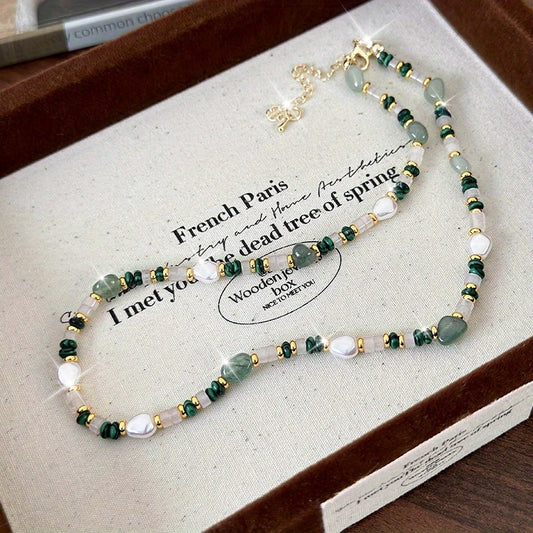 Natural Peacock Green Stone Beaded Pearl Necklace