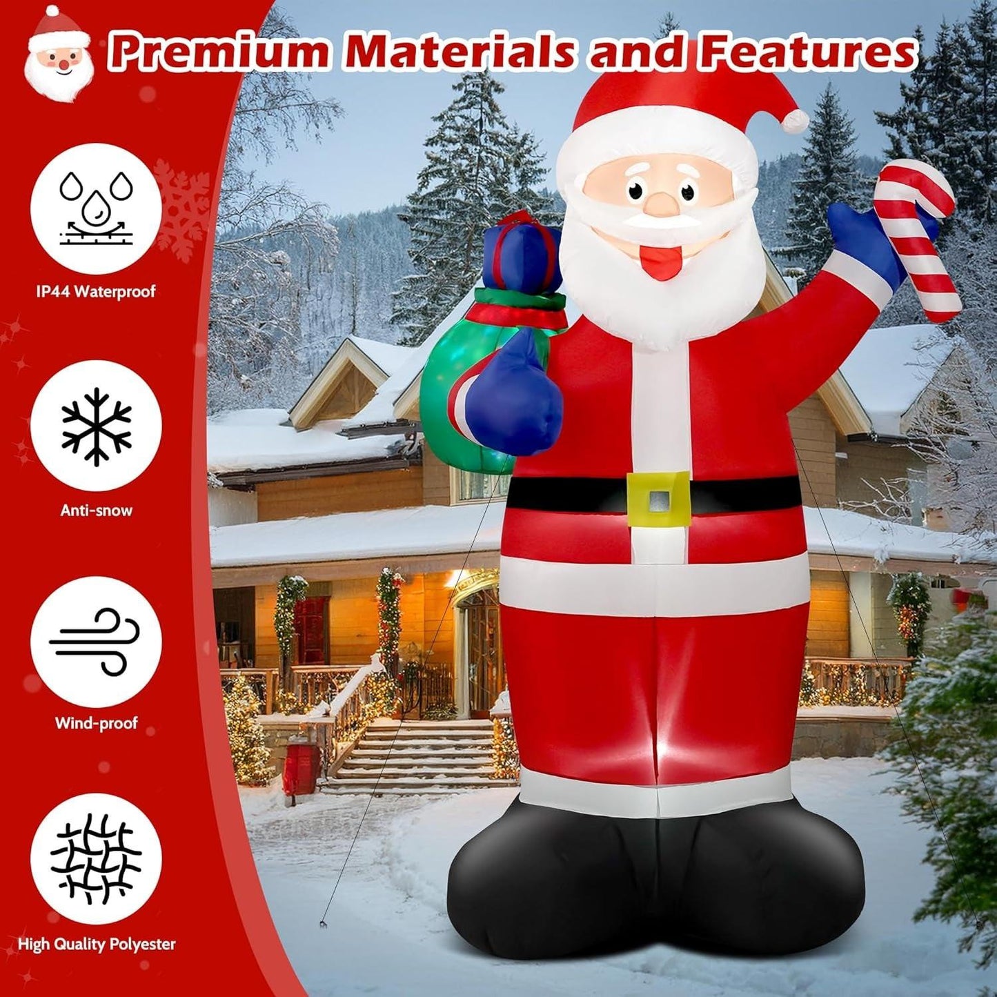 8FT Giant Christmas Inflatable Santa with Flashing Gift Bag – IP44 Weatherproof Outdoor Decoration for Lawn, Garden & Holiday Parties