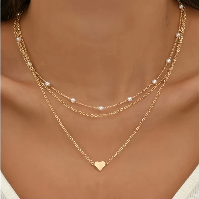 Ladies Heart Charm Faux Pearl Necklace Set