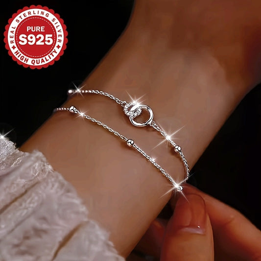 Elegant 925 Sterling Silver Double-Layer Circle Bracelet with Cross Beads – Hypoallergenic 2.6g Jewelry, Perfect Gift for Her, Daily Wear & Valentine’s Day Accessory