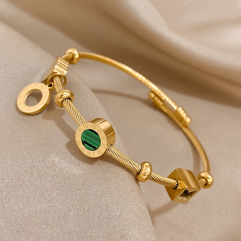 Elegant Golden-Tone Adjustable Cuff Bracelet with Green & Black Stone Beads