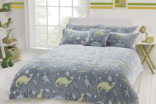 Dinosaur Glow In The Dark Teddy Fleece Bedding Set with Bed Throw and Cushion Prehistoric Design for Kids Available in Single and Double Sizes by OLIVIA ROCCO