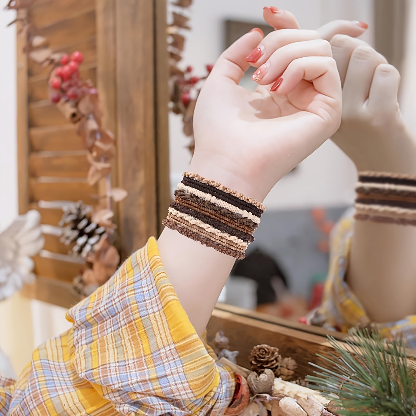Cherrytree Boho Chic 20-Piece Hair Ties – No-Damage Ponytail Holders for Thick & Thin Hair, Stylish Brown Bracelet Design in 4 Unique Styles