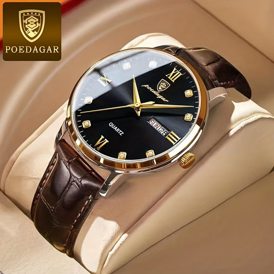 POEDAGAR Men's Leather Fashion Quart Watch