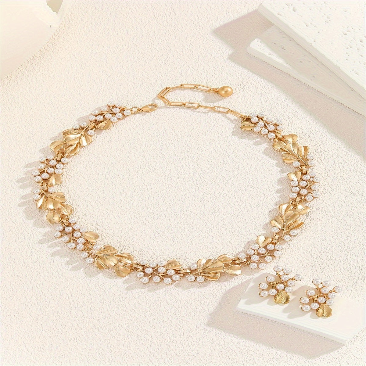 Elegant Boho-Chic Faux Pearl & Golden Leaf Jewelry Set