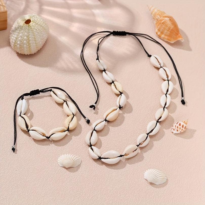 2pcs Bohemian Style Stretchable Natural Cowrie Shell Necklace and Bracelet Set, Adjustable Polyester Rope, Beach Vacation Jewelry Accessory