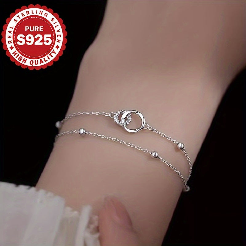 Elegant 925 Sterling Silver Double-Layer Circle Bracelet with Cross Beads – Hypoallergenic 2.6g Jewelry, Perfect Gift for Her, Daily Wear & Valentine’s Day Accessory