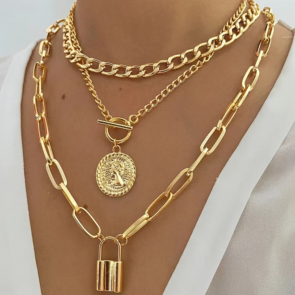 Elegant 3pcs Vintage-Inspired Golden-Tone Necklace Set