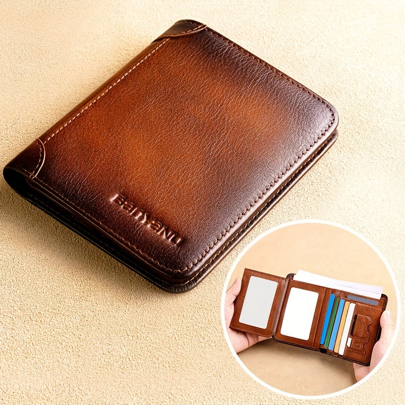 Men's Top Layer Cowhide Short Trifold Wallet