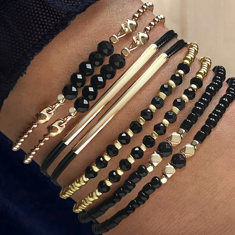 8-Piece Bohemian Beaded Bracelet Set – Black & Gold Adjustable Stackable Bangles, Perfect for Daily Wear & Gift Occasions