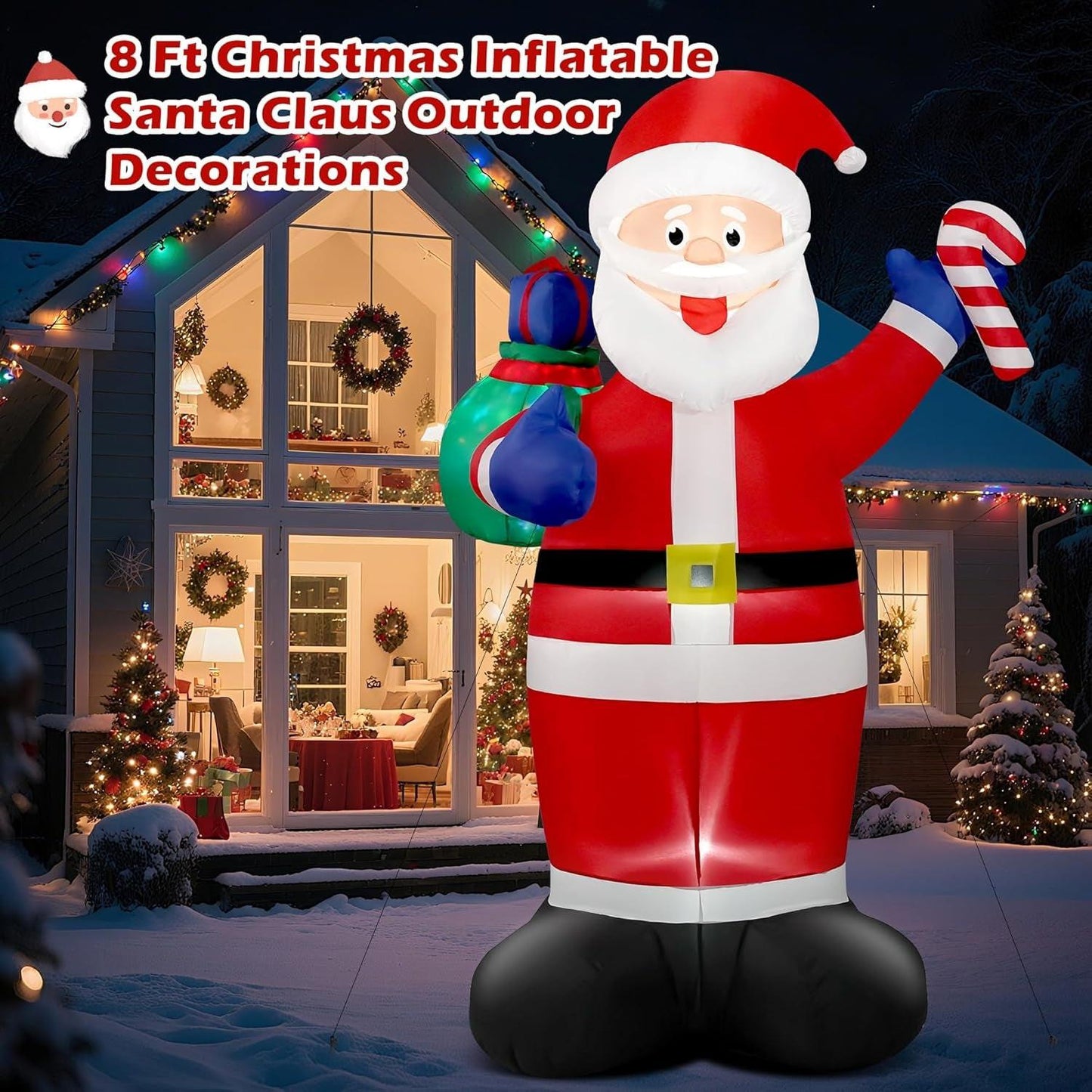 8FT Giant Christmas Inflatable Santa with Flashing Gift Bag – IP44 Weatherproof Outdoor Decoration for Lawn, Garden & Holiday Parties