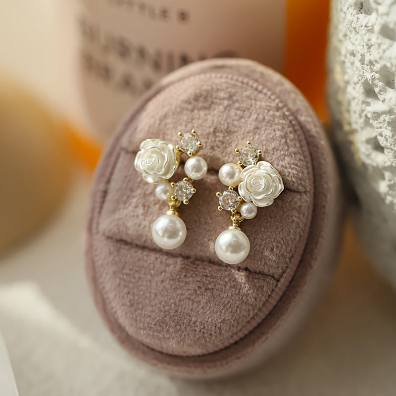 Elegant French-Inspired Camellia Flower Dangle Earrings with Sparkling Rhinestones