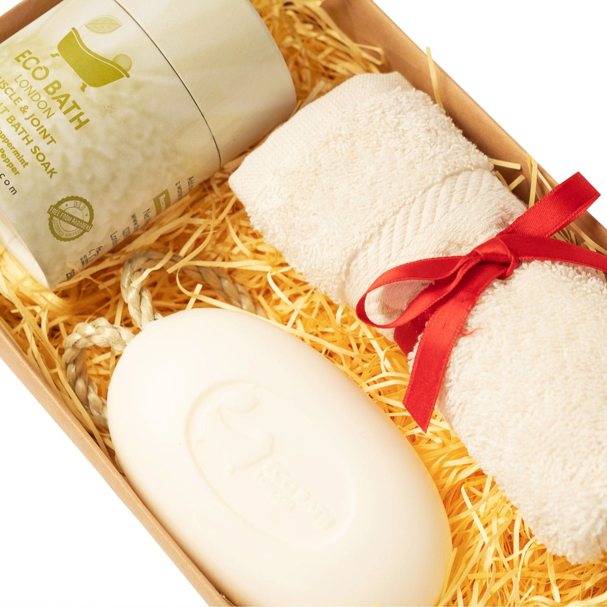 Essential Bath Set - Epsom Soak, Soap on a Rope and Organic Cotton Face Towel