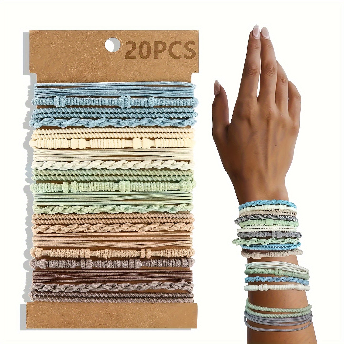 Cherrytree Boho Chic 20-Piece Hair Ties – No-Damage Ponytail Holders for Thick & Thin Hair, Stylish Brown Bracelet Design in 4 Unique Styles