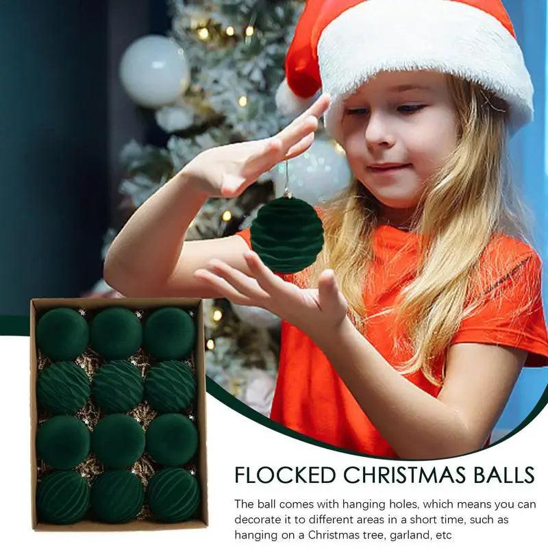 12-Pack Green Flocked Christmas Tree Baubles – Elegant ABS Ornaments for Festive Decor & Holiday Parties