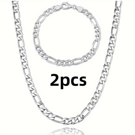 2pcs Elegant 925 Silvery Plated Figaro Chain Necklace and Bracelet Set, Hypoallergenic Titanium Steel, Lead & Nickel Free, Ideal for DIY, Weddings, Engagements, Everyday & Special Occasions