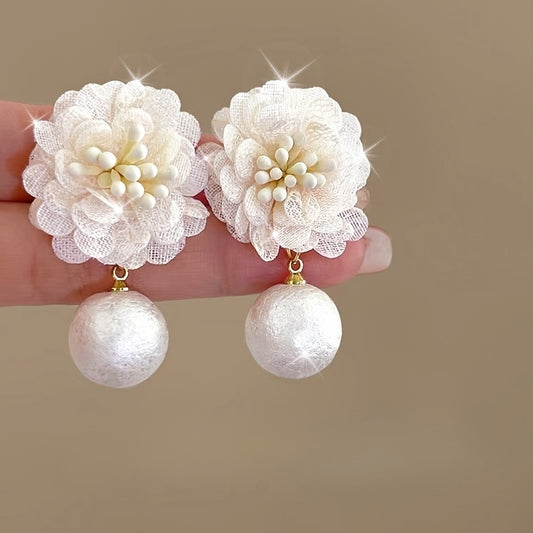 Elegant French Fabric Flower Drop Earrings