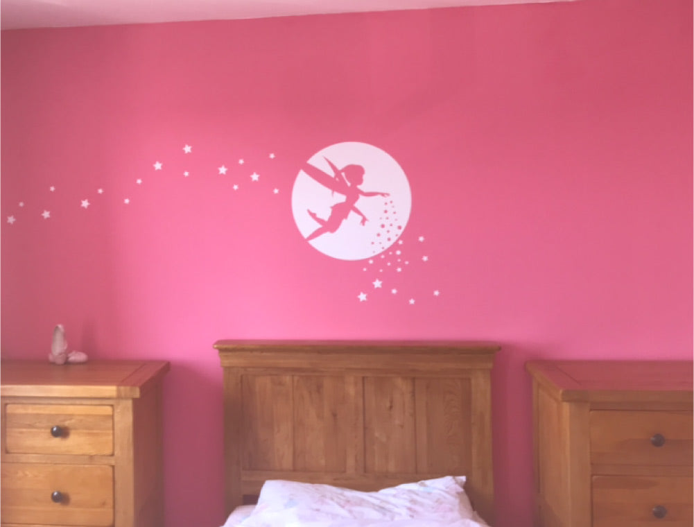 Fairy Wall Sticker Silhouette - Girls Bedroom Decor - Moon & Stars Decal